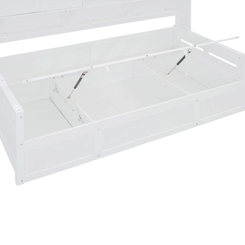 Lit de jour double avec vérin hydraulique, 3 espaces de rangement et étagères et armoires intégrées