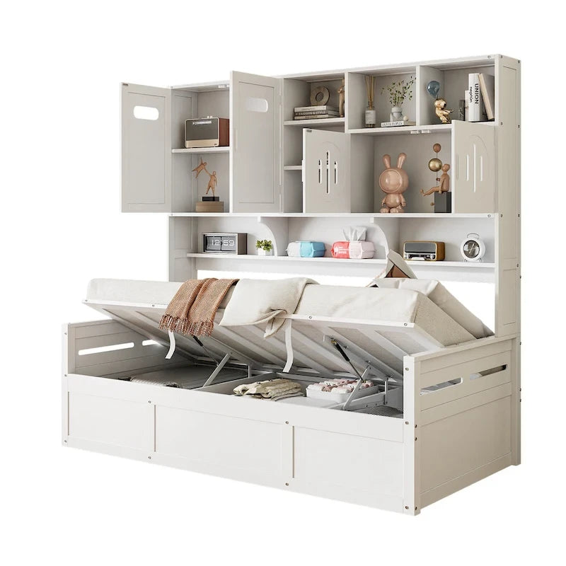 Lit de jour double avec vérin hydraulique, 3 espaces de rangement et étagères et armoires intégrées