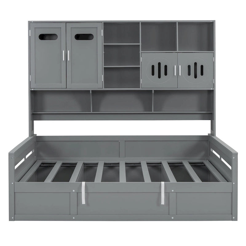 Lit de jour double avec vérin hydraulique, 3 espaces de rangement et étagères et armoires intégrées