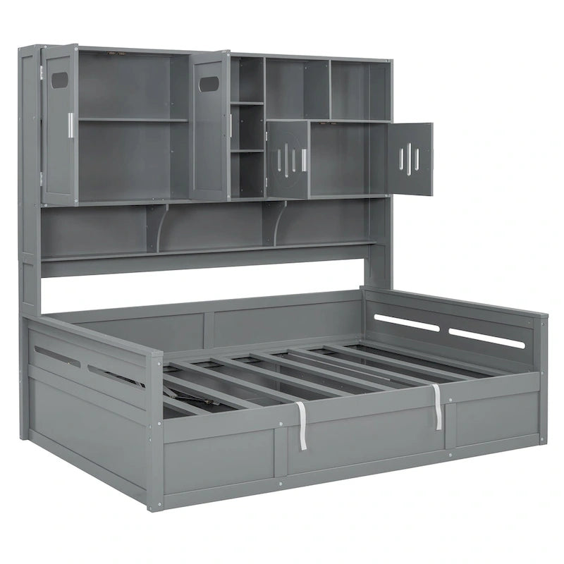 Lit de jour double avec vérin hydraulique, 3 espaces de rangement et étagères et armoires intégrées