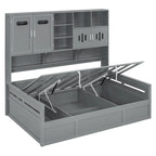 Lit de jour double avec vérin hydraulique, 3 espaces de rangement et étagères et armoires intégrées