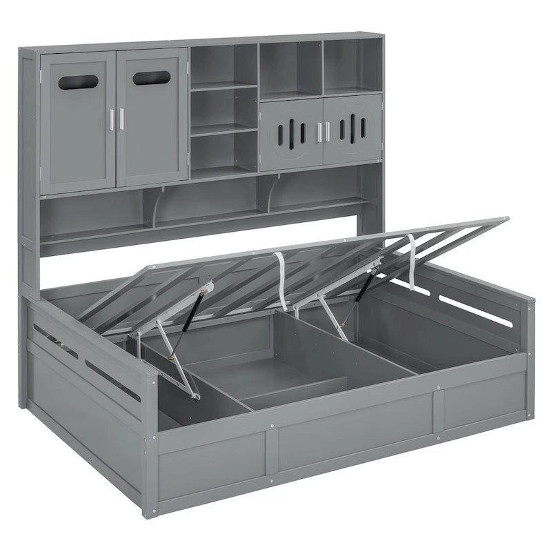 Lit de jour double avec vérin hydraulique, 3 espaces de rangement et étagères et armoires intégrées