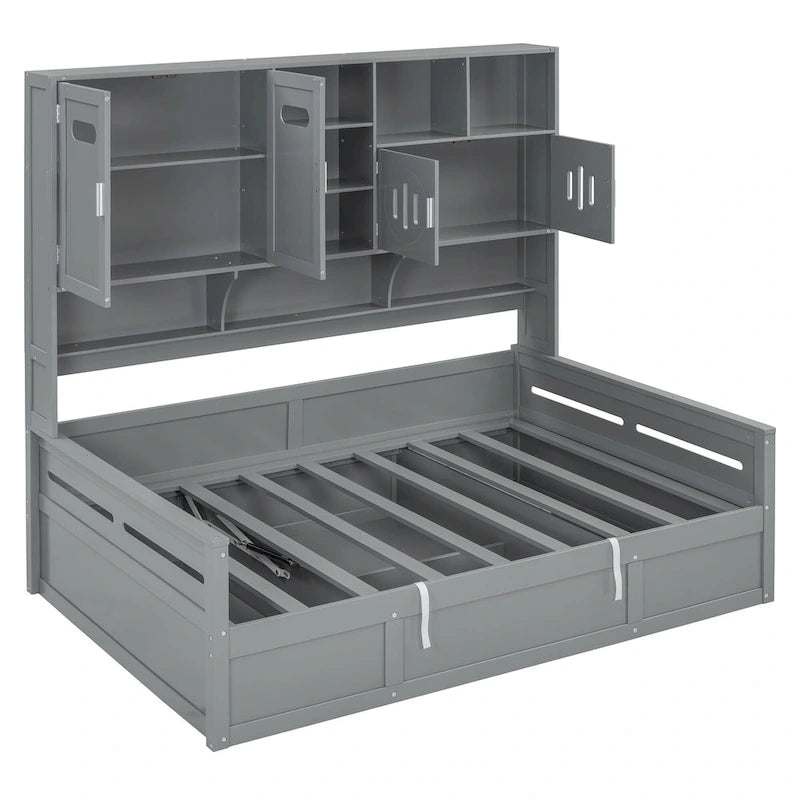 Lit de jour double avec vérin hydraulique, 3 espaces de rangement et étagères et armoires intégrées