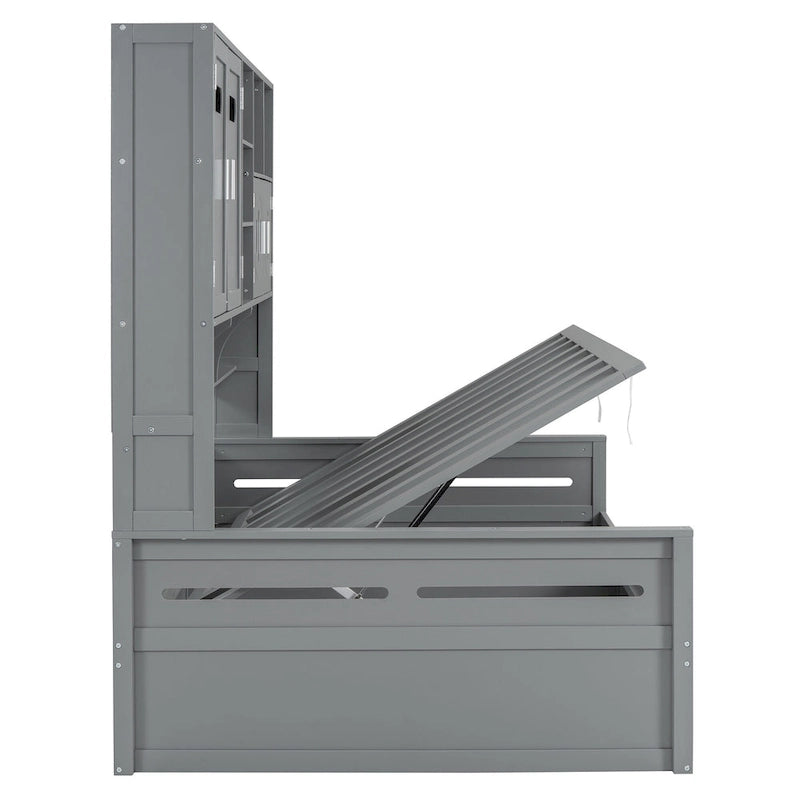 Lit de jour double avec vérin hydraulique, 3 espaces de rangement et étagères et armoires intégrées