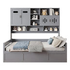 Lit de jour double avec vérin hydraulique, 3 espaces de rangement et étagères et armoires intégrées
