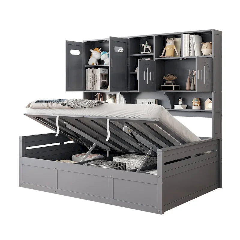 Lit de jour double avec vérin hydraulique, 3 espaces de rangement et étagères et armoires intégrées