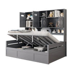 Lit de jour double avec vérin hydraulique, 3 espaces de rangement et étagères et armoires intégrées