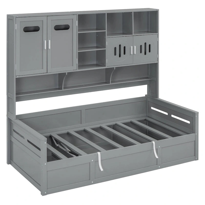 Lit de jour double avec vérin hydraulique, 3 espaces de rangement et étagères et armoires intégrées