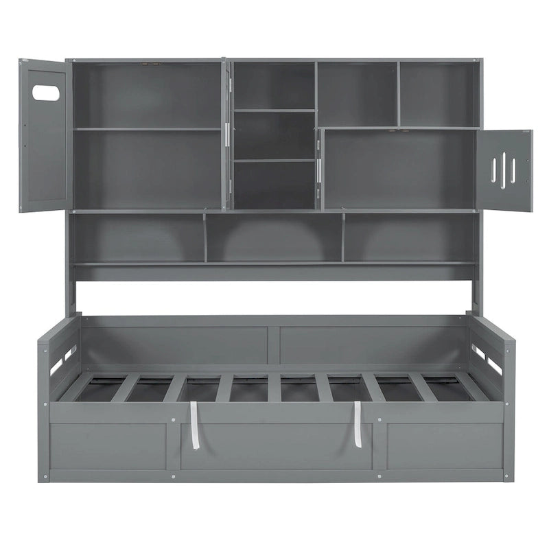 Lit de jour double avec vérin hydraulique, 3 espaces de rangement et étagères et armoires intégrées