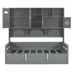 Lit de jour double avec vérin hydraulique, 3 espaces de rangement et étagères et armoires intégrées