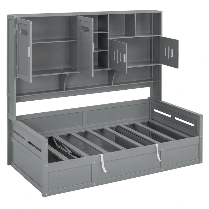 Lit de jour double avec vérin hydraulique, 3 espaces de rangement et étagères et armoires intégrées