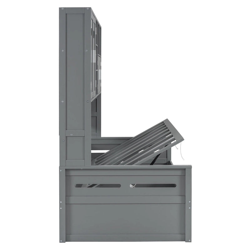 Lit de jour double avec vérin hydraulique, 3 espaces de rangement et étagères et armoires intégrées