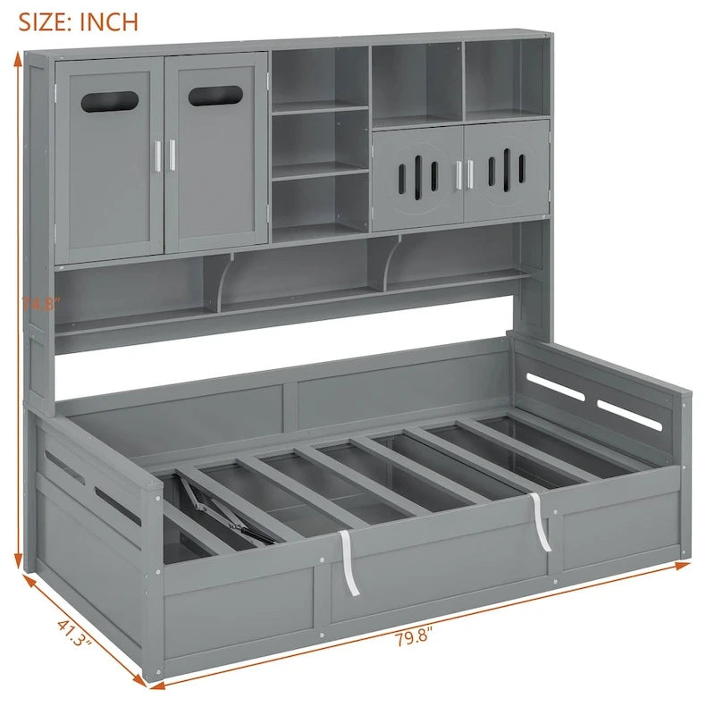 Lit de jour double avec vérin hydraulique, 3 espaces de rangement et étagères et armoires intégrées
