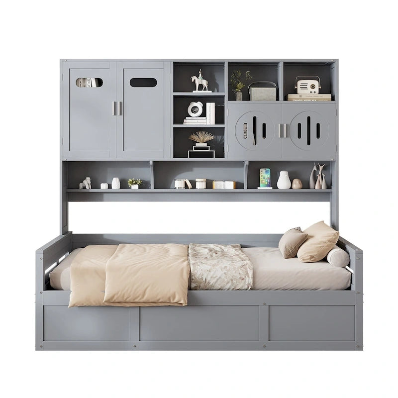 Lit de jour double avec vérin hydraulique, 3 espaces de rangement et étagères et armoires intégrées