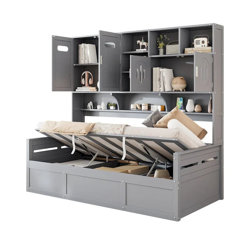Lit de jour double avec vérin hydraulique, 3 espaces de rangement et étagères et armoires intégrées