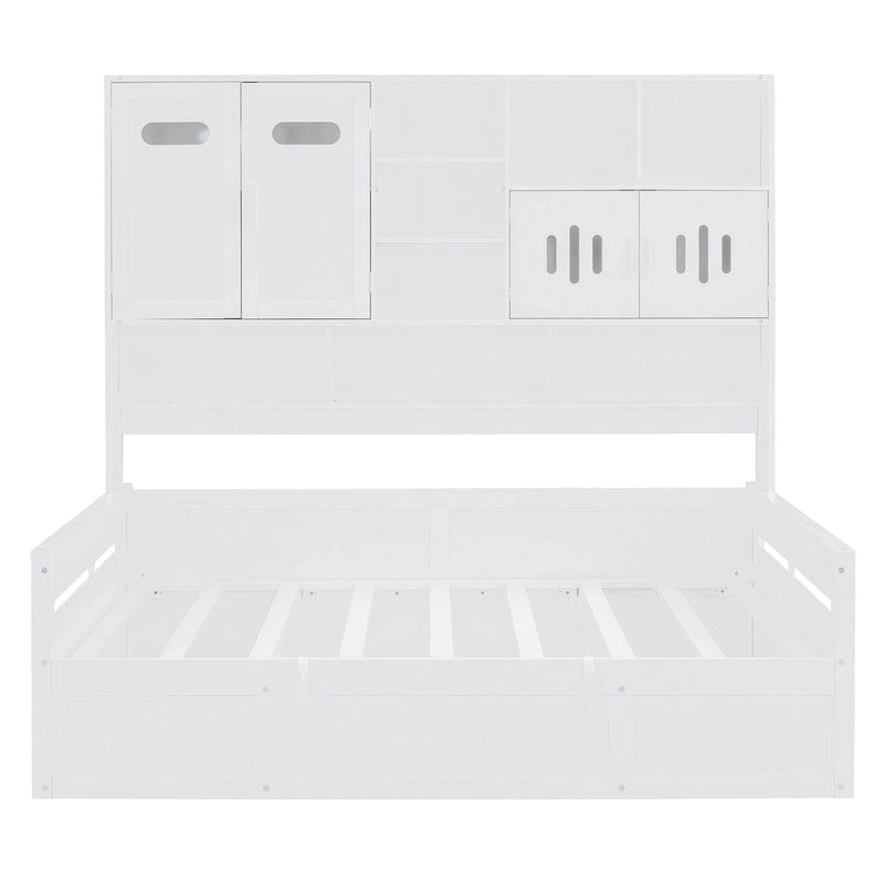 Lit de jour double avec vérin hydraulique, 3 espaces de rangement et étagères et armoires intégrées