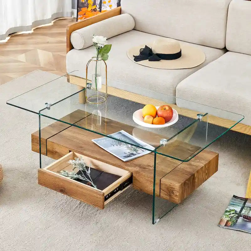 Table basse à double couche de 110 cm avec étagères de rangement ouvertes, tiroirs et plateau en verre
