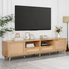 Meuble TV en rotin Roomfitters pour téléviseur de 85 pouces, meuble média style ferme, pieds en bois massif, bois