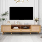 Meuble TV en rotin Roomfitters pour téléviseur de 85 pouces, meuble média style ferme, pieds en bois massif, bois