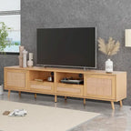 Meuble TV en rotin Roomfitters pour téléviseur de 85 pouces, meuble média style ferme, pieds en bois massif, bois