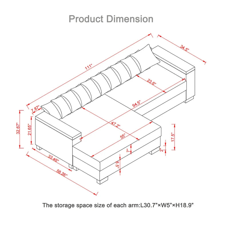 111 Corduroy L-Shaped Sectional Sofa with Convertible Chaise