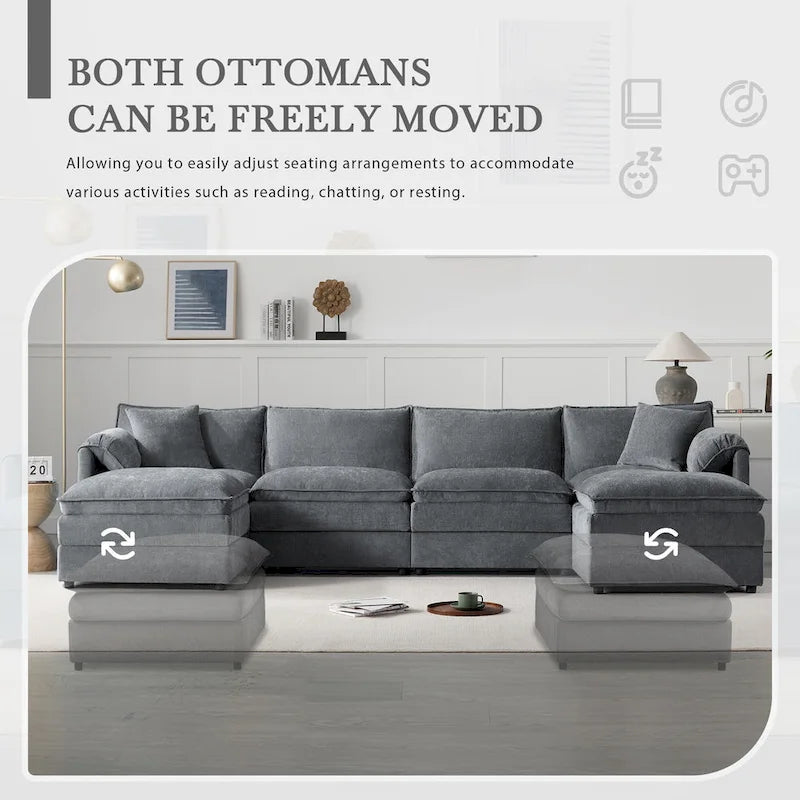 136 U-Shaped Chenille Cloud Sectional Sofa with Dual Ottomans