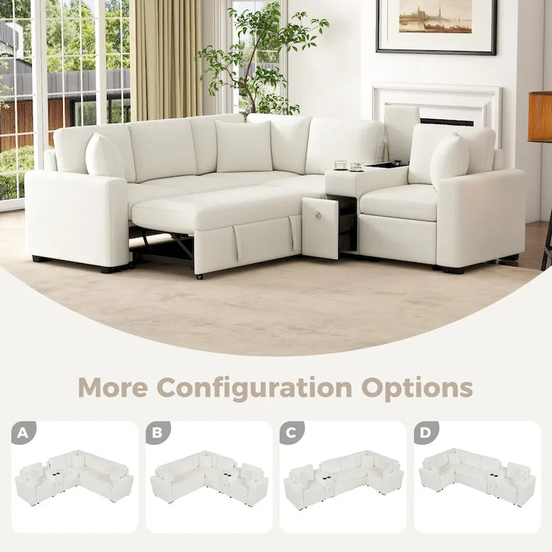 120.5 Chenille L-Shaped Sectional Sofa Bed with Storage & Cup Holders