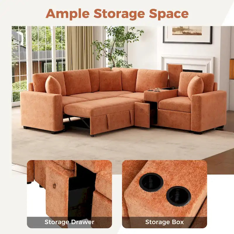 120.5 Chenille L-Shaped Sectional Sofa Bed with Storage & Cup Holders