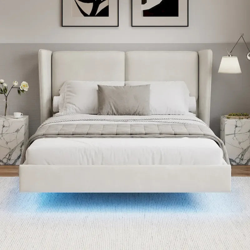 Queen Velvet Floating Platform Bed with LED Lights & 6 Storage