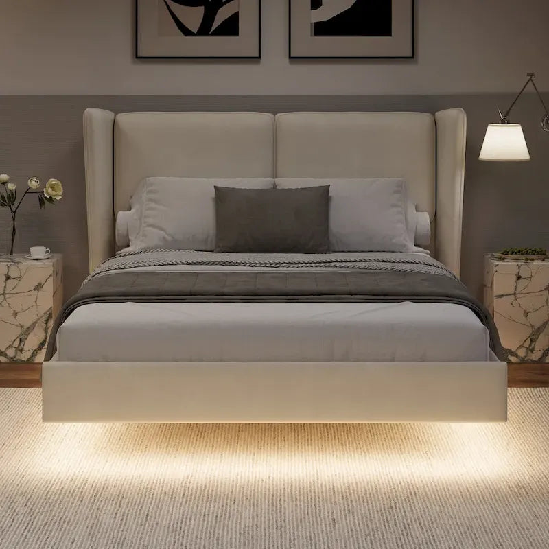 Queen Velvet Floating Platform Bed with LED Lights & 6 Storage