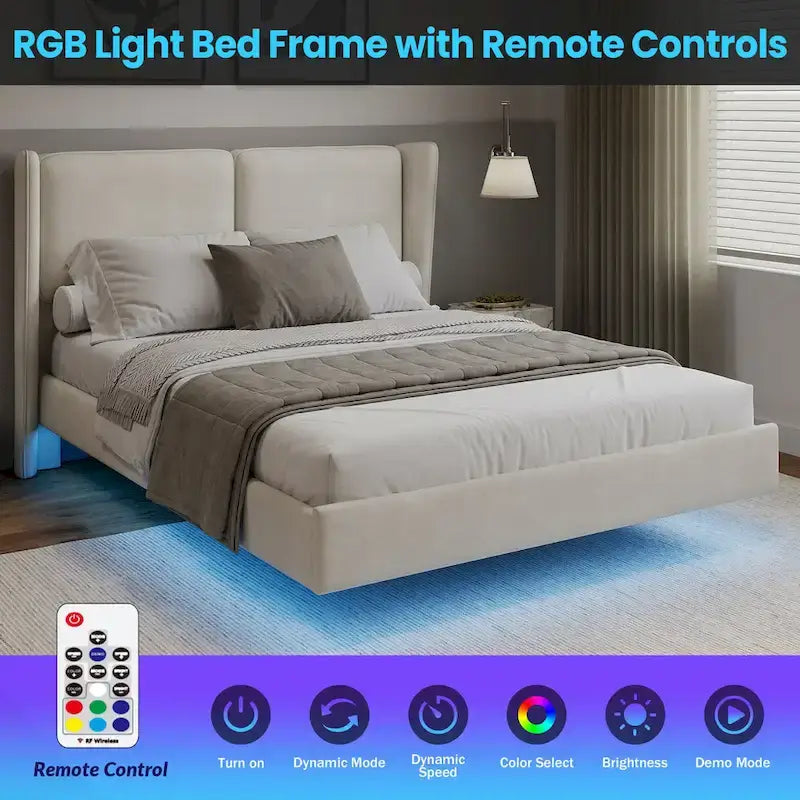 Queen Velvet Floating Platform Bed with LED Lights & 6 Storage