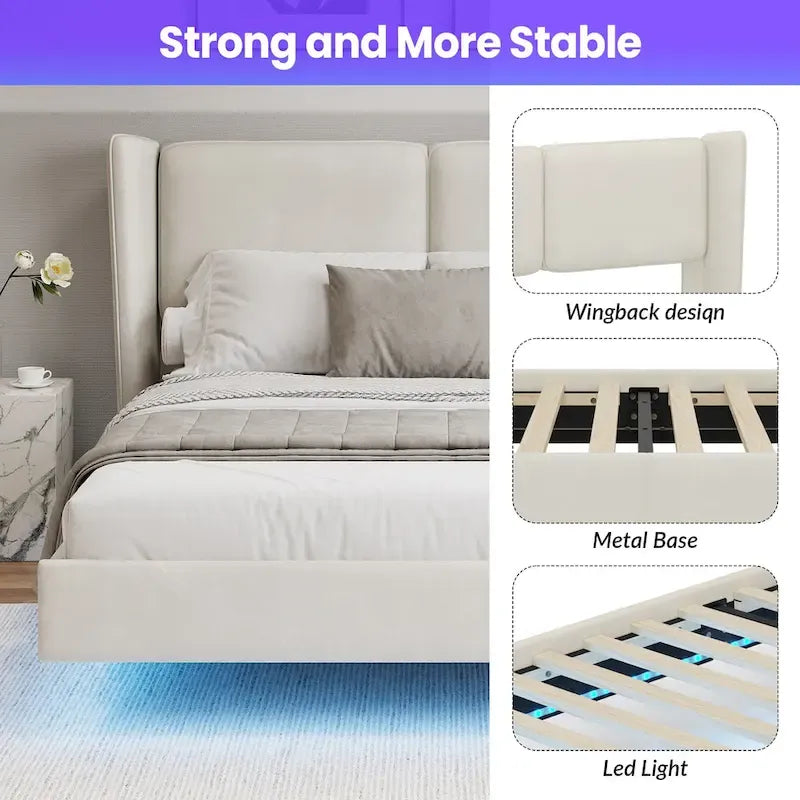 Queen Velvet Floating Platform Bed with LED Lights & 6 Storage