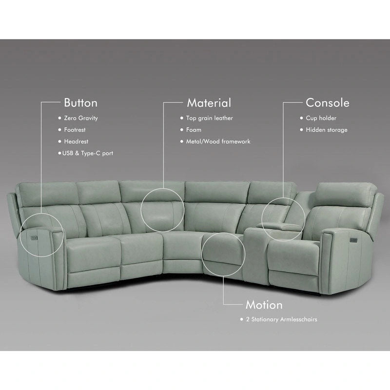 104 W Genuine Leather Power Recliner Sectional Sofa with Zero Gravity, Ajustable Headrest, USB Ports & Console
