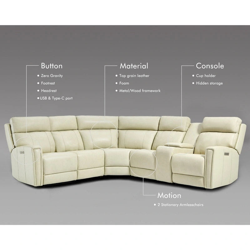 104 W Genuine Leather Power Recliner Sectional Sofa with Zero Gravity, Ajustable Headrest, USB Ports & Console