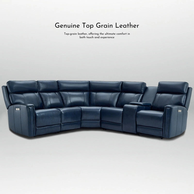 104 W Genuine Leather Power Recliner Sectional Sofa with Zero Gravity, Ajustable Headrest, USB Ports & Console