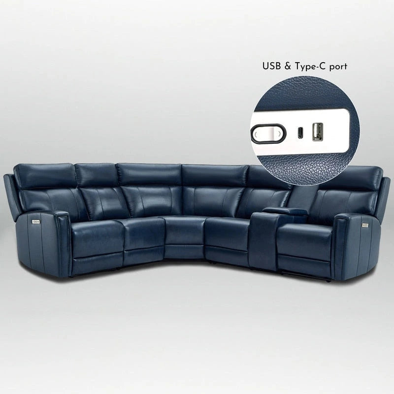104 W Genuine Leather Power Recliner Sectional Sofa with Zero Gravity, Ajustable Headrest, USB Ports & Console