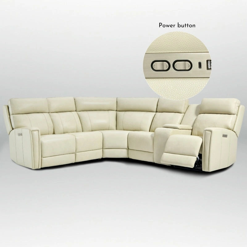 104 W Genuine Leather Power Recliner Sectional Sofa with Zero Gravity, Ajustable Headrest, USB Ports & Console