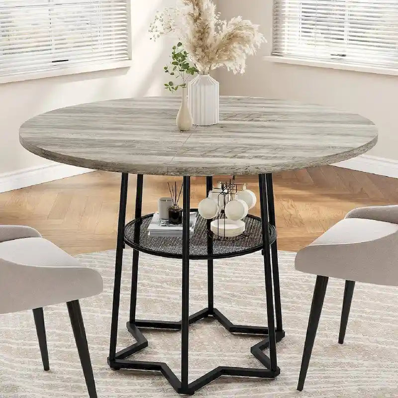 Table de salle à manger de cuisine ronde avec étagère de rangement - N/A