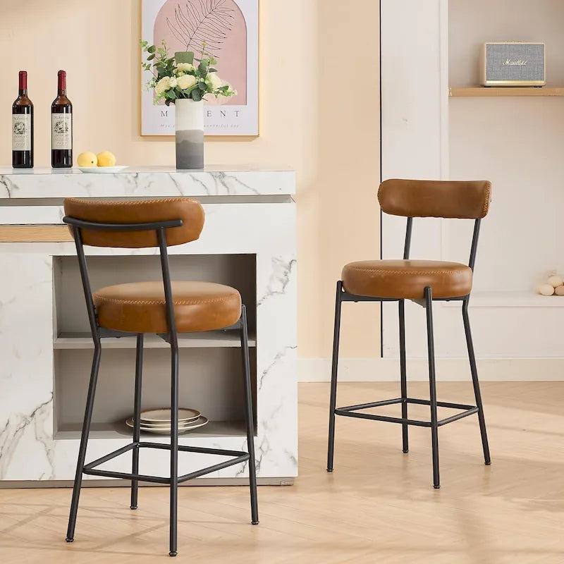 27 Modern Counter Stools Set of 2, Leather Bar Stools with Back & Pedals & Metal Legs