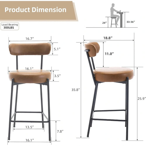 27 tabourets de bar modernes (lot de 2), tabourets de bar en cuir avec dossier, repose-pieds et pieds en métal