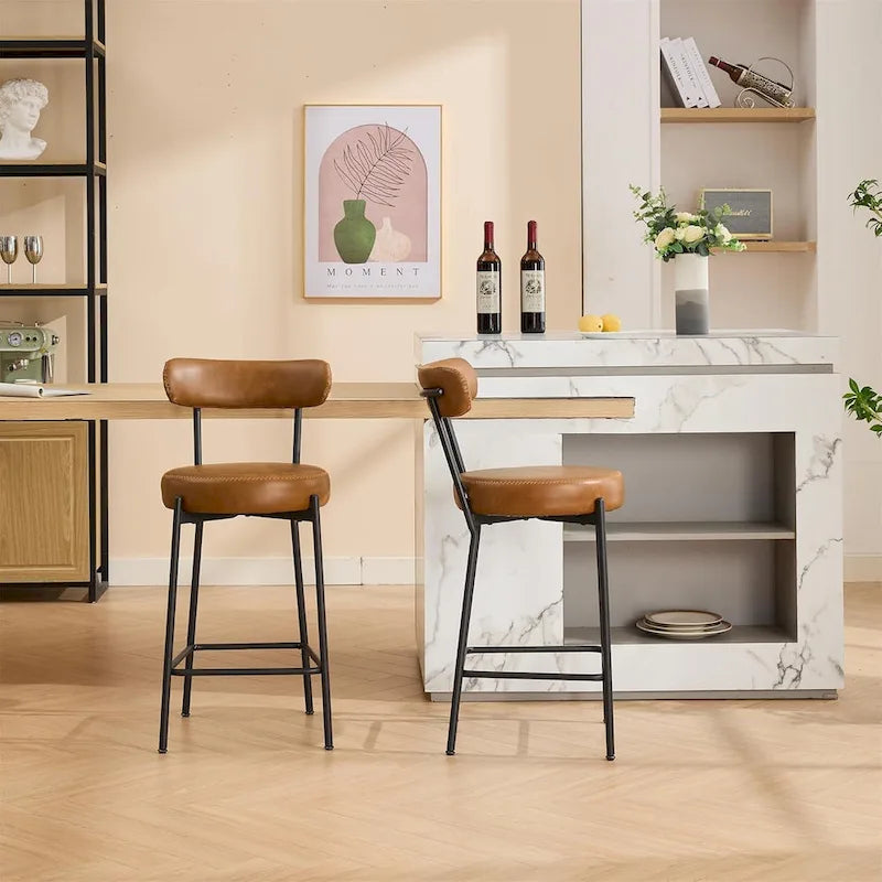 27 Modern Counter Stools Set of 2, Leather Bar Stools with Back & Pedals & Metal Legs