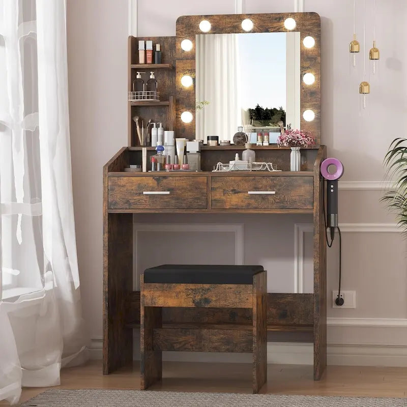 Vanity Desk with Mirror and Lights, Makeup Vanity with Power Outlet & Cushioned Stool