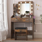 Vanity Desk with Mirror and Lights, Makeup Vanity with Power Outlet & Cushioned Stool