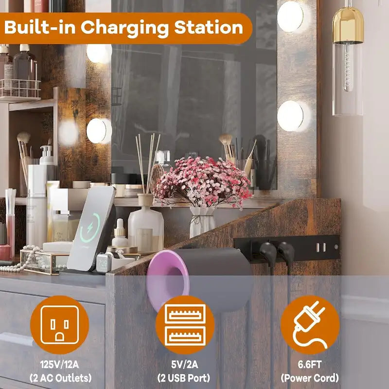 Vanity Desk with Mirror and Lights, Makeup Vanity with Power Outlet & Cushioned Stool