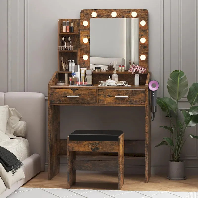 Vanity Desk with Mirror and Lights, Makeup Vanity with Power Outlet & Cushioned Stool