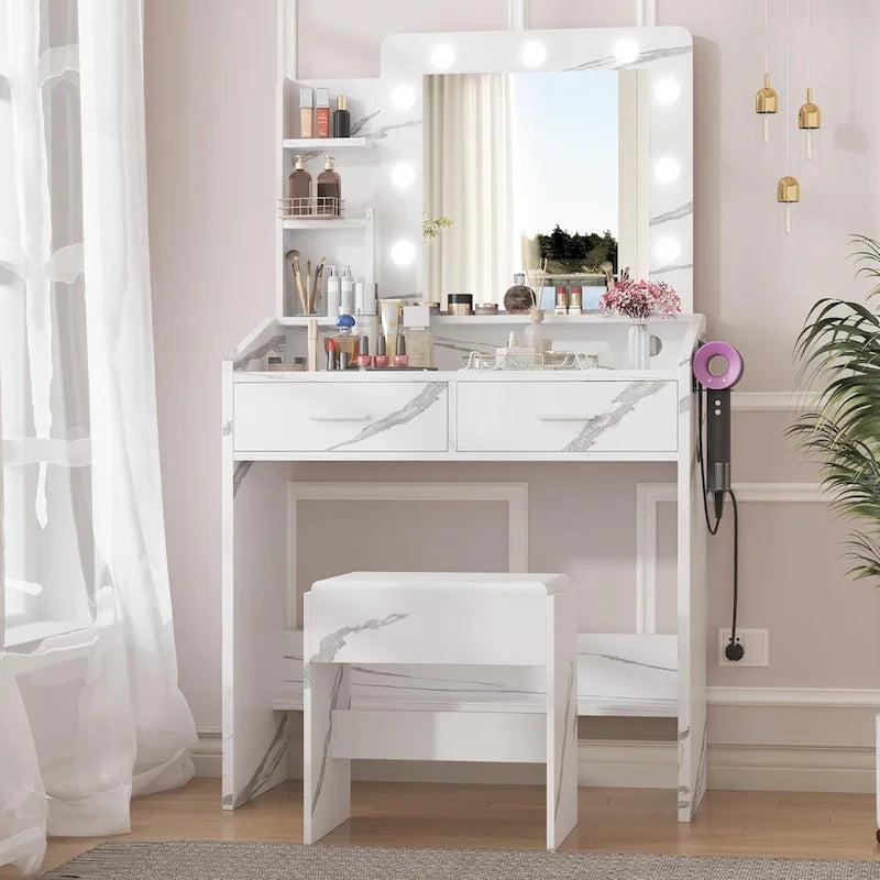 Vanity Desk with Mirror and Lights, Makeup Vanity with Power Outlet & Cushioned Stool