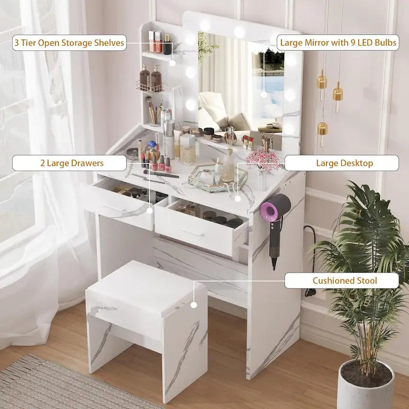 Vanity Desk with Mirror and Lights, Makeup Vanity with Power Outlet & Cushioned Stool