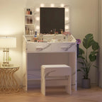 Vanity Desk with Mirror and Lights, Makeup Vanity with Power Outlet & Cushioned Stool