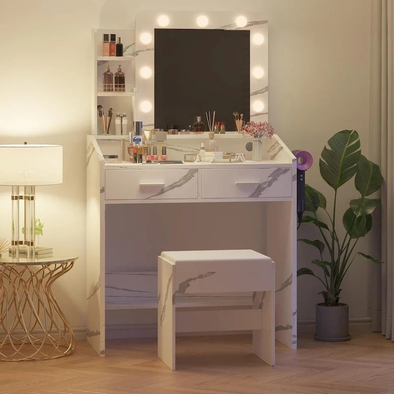 Vanity Desk with Mirror and Lights, Makeup Vanity with Power Outlet & Cushioned Stool