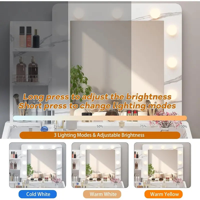 Vanity Desk with Mirror and Lights, Makeup Vanity with Power Outlet & Cushioned Stool